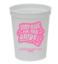 Load image into Gallery viewer, Personalizable &#39;Last Ride for the Bride&#39; Rodeo Theme Bachelorette Cups 16oz Plastic Stadium Cups
